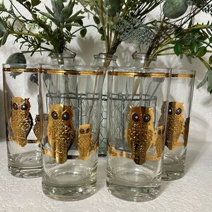 4 MCM High Ball Glasses with Gold and Black Owls 22K by Culver Mid Century Bar